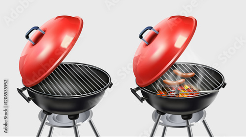 3d realistic vector icon illustration. Cooking appliance, meat and sausage barbecue grill with hot fire coals and smoke side view with red cover. 