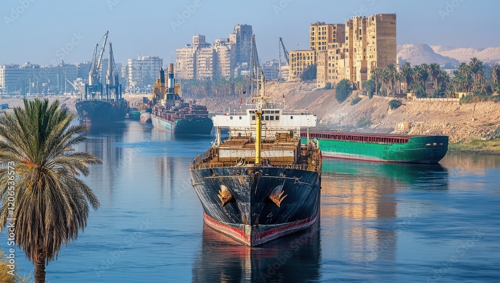 Naklejka premium Tranquil Scene of Cargo Ships Navigating Through a Calm Waterway with Palm Trees and Urban Architecture Amidst a Clear Blue Sky