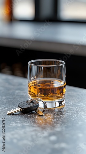 Glass of whiskey with a car key resting on a wooden table in a dimly lit environment