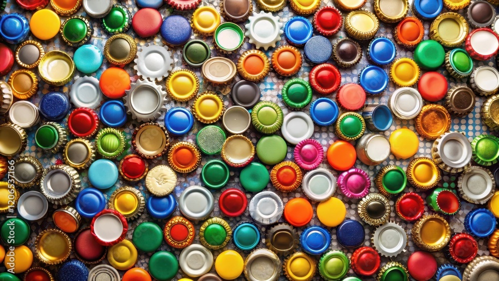 A vibrant collection of colorful bottle caps arranged in a dense, textured pattern, showcasing a multitude of hues and metallic finishes. A vibrant collection of colorful bottle caps arranged in a dense, textured pattern, showcasing a multitude of hues and metallic finishes.