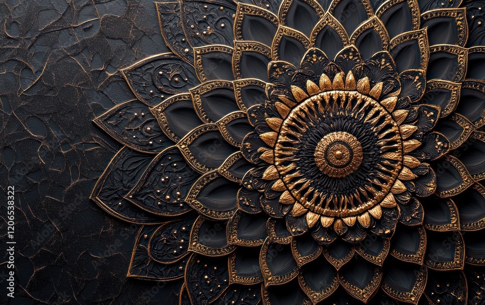 Intricate Black and Gold Mandala Texture with Rich Details and Circular Pattern Intricate Black and Gold Mandala Texture with Rich Details and Circular Pattern
