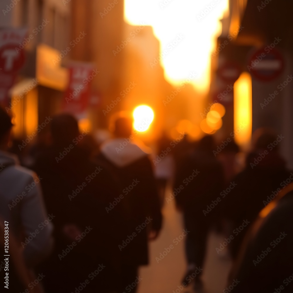 Blurred sunset crowd city street. Blurred sunset crowd city street.
