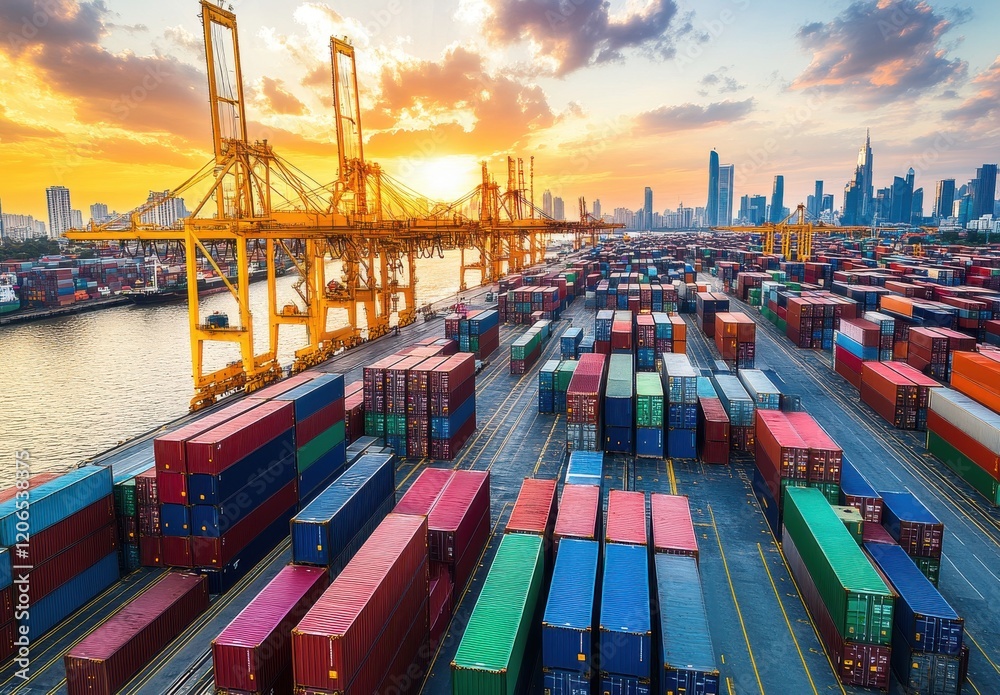 custom made wallpaper toronto digitalVibrant Sunset Over a Bustling Container Port with Cranes, Cargo Containers, and City Skyline in the Background, Capturing the Essence of Global Trade and Maritime Logistics