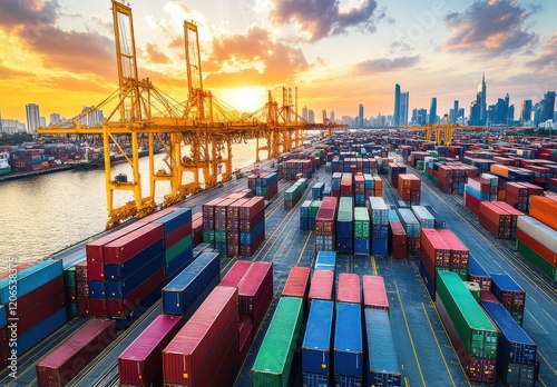 Wallpaper Mural Vibrant Sunset Over a Bustling Container Port with Cranes, Cargo Containers, and City Skyline in the Background, Capturing the Essence of Global Trade and Maritime Logistics Torontodigital.ca