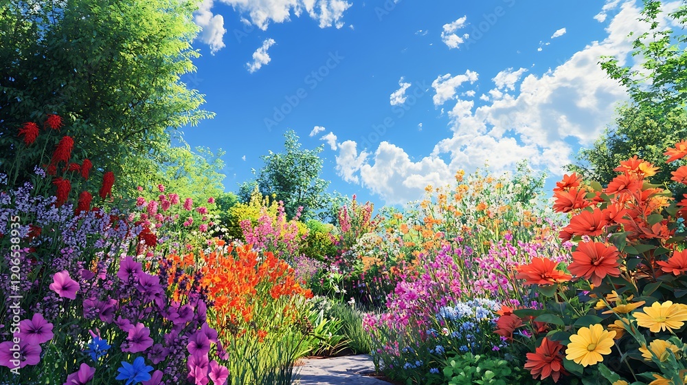 A vibrant garden filled with colorful flowers under a blue sky. A vibrant garden filled with colorful flowers under a blue sky.