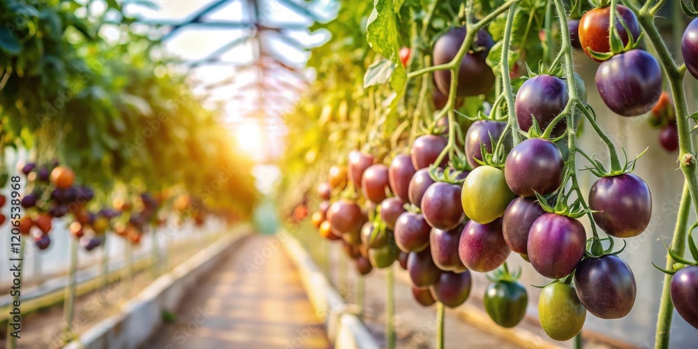 Fototapeta premium Sunlit Greenhouse Rows of Ripe Tomatoes Hanging on Vines