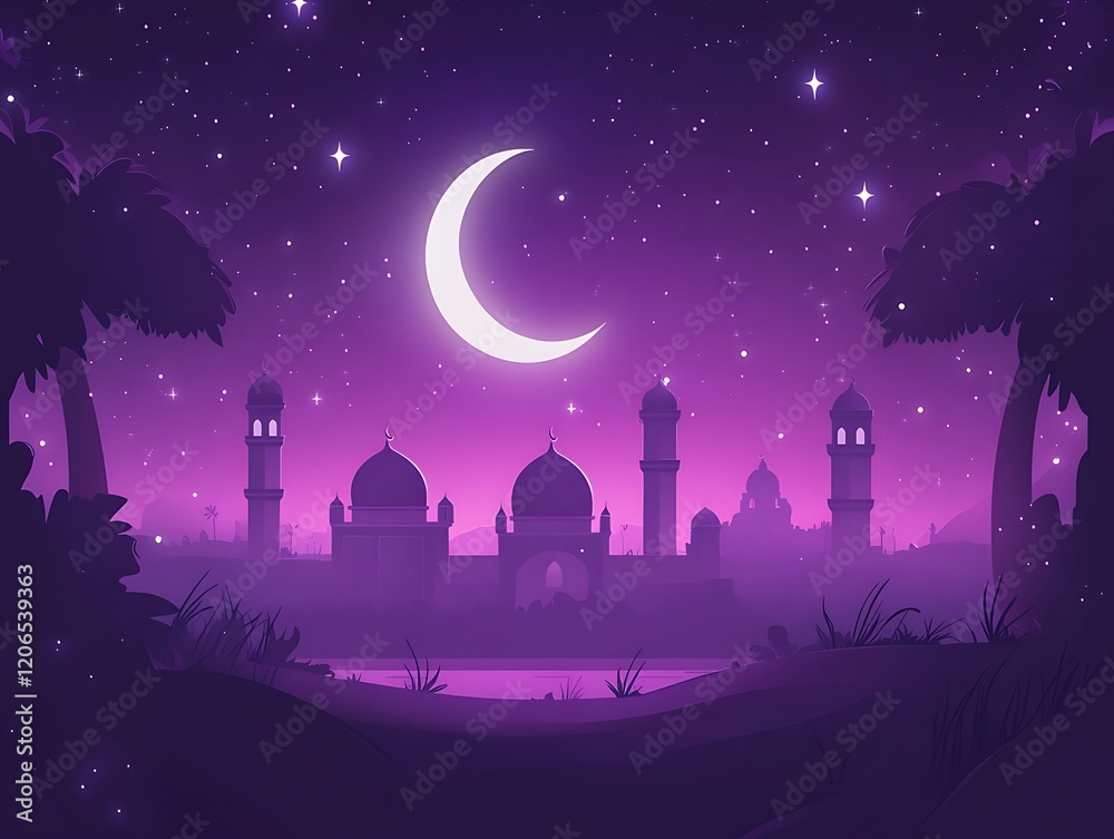 Nighttime Mosque Scene Under Crescent Moon And Stars Nighttime Mosque Scene Under Crescent Moon And Stars