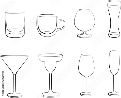 Set of elegant line empty glasses element including wine glass, cocktail glass, beer glass, and other glassware for beverage, bar, restaurant, drinkware design