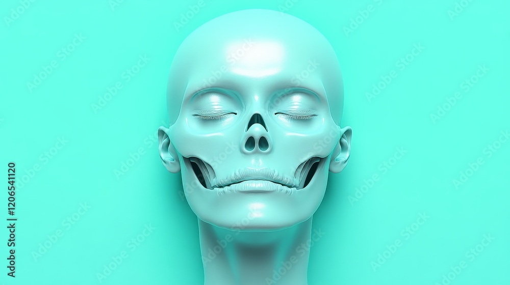 Serene Skull: A stylized 3D rendering of a serene human skull, rendered in a calming light teal, against a matching backdrop. The image offers a unique juxtaposition of beauty and mortality. Serene Skull: A stylized 3D rendering of a serene human skull, rendered in a calming light teal, against a matching backdrop. The image offers a unique juxtaposition of beauty and mortality.