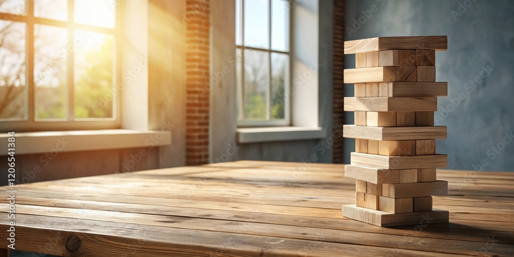 Wooden Blocks Stacked on Rustic Table in Sunlit Room Wooden Blocks Stacked on Rustic Table in Sunlit Room
