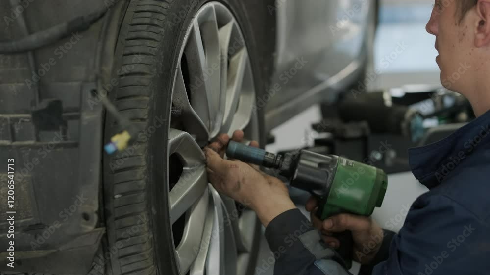 Mechanic Changing Car Wheel with Impact Wrench