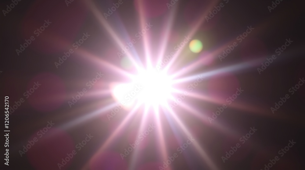 Bright starburst lens flare on dark background. Bright starburst lens flare on dark background.