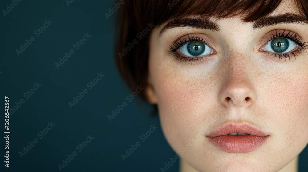 Serene Gaze: Close-up portrait of a young woman with captivating blue eyes and freckles, showcasing natural beauty and a calm expression against a dark teal backdrop. Serene Gaze: Close-up portrait of a young woman with captivating blue eyes and freckles, showcasing natural beauty and a calm expression against a dark teal backdrop.