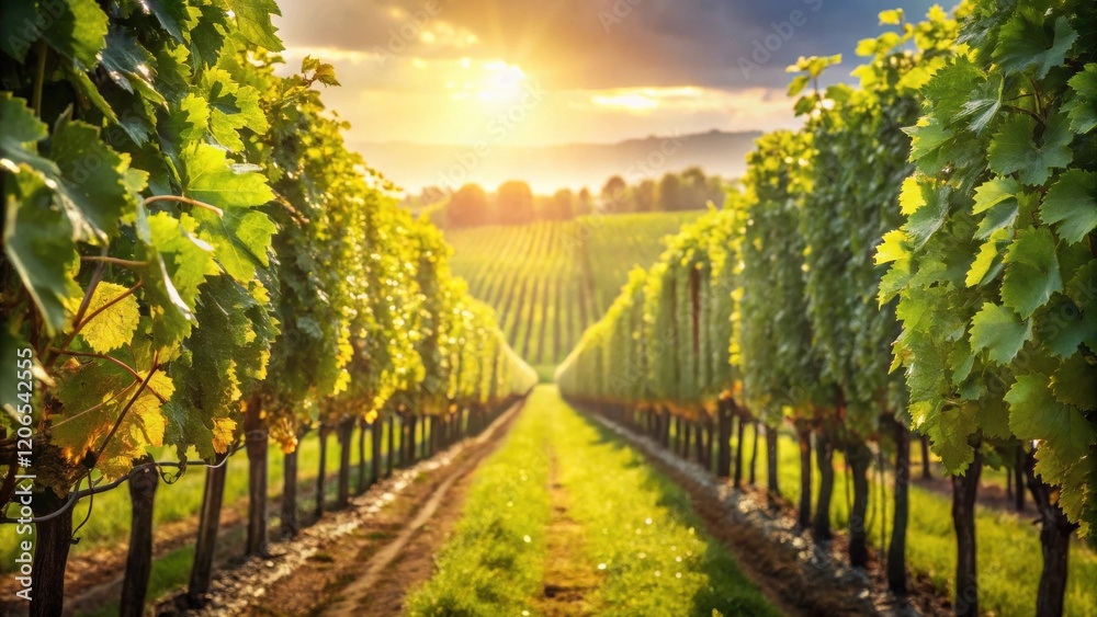 Naklejka premium Golden Hour in a Vineyard Rows of Lush Grapevines Basking in the Sunset's Warm Glow