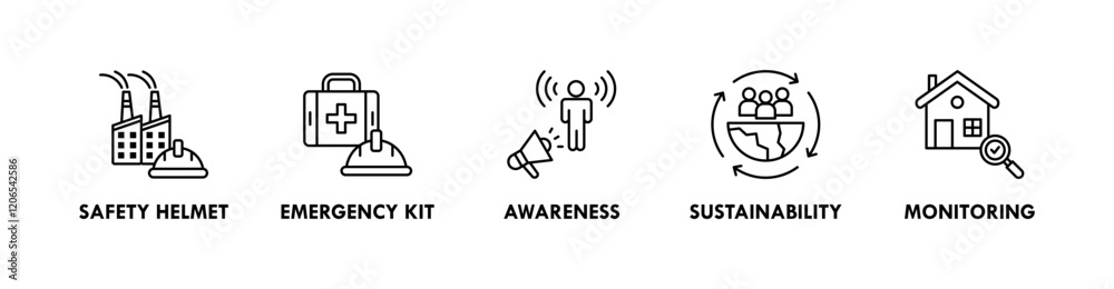 Health Safety and Environment banner web icon illustration concept with icon of safety helmet, emergency kit, awareness, sustainability, and monitoring Health Safety and Environment banner web icon illustration concept with icon of safety helmet, emergency kit, awareness, sustainability, and monitoring
