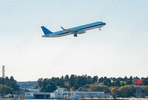 Photography Commercial airplane during taxiing on taxiway to airport runway for take off on sunny day at japan, Travel