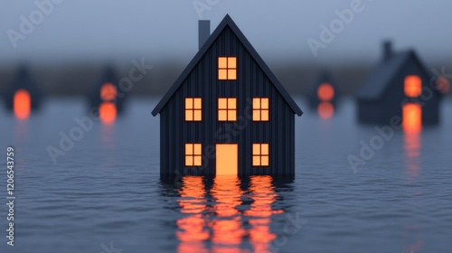 Isolated House in Flood: A lone, dark house with illuminated windows sits amidst rising floodwaters, surrounded by other similarly submerged homes. photo