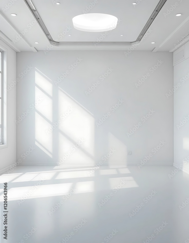 Fototapeta premium Sunlit Empty Room With White Walls And Modern Ceiling