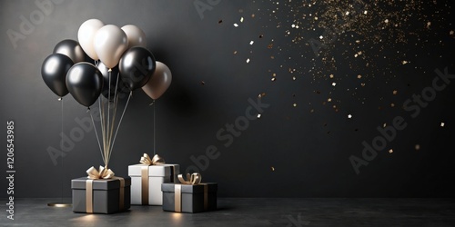 Elegant black and white balloons float above gifts with gold ribbons against a dark background.