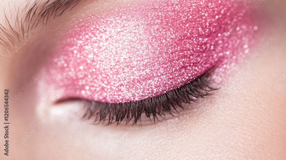 Obraz premium This close up focuses on a woman's eye, featuring sparkling pink eyeshadow that enhances her natural beauty in bright lighting