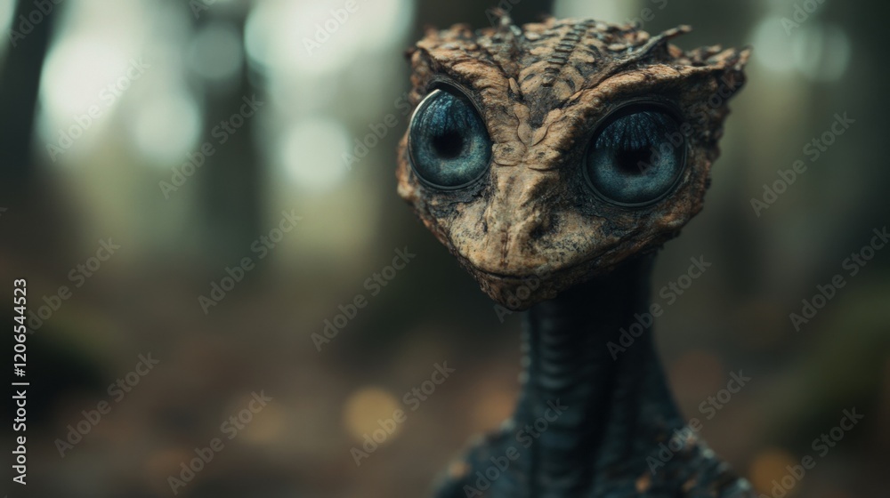 An alien creature with large expressive eyes and intricate skin details stands curiously in a dimly lit forest, surrounded by trees An alien creature with large expressive eyes and intricate skin details stands curiously in a dimly lit forest, surrounded by trees