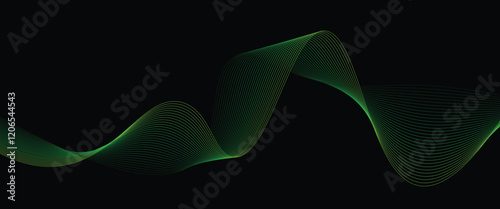 Vector abstract light lines wavy flowing dynamic in green colors isolated on black background.
