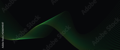 Vector abstract light lines wavy flowing dynamic in green colors isolated on black background.