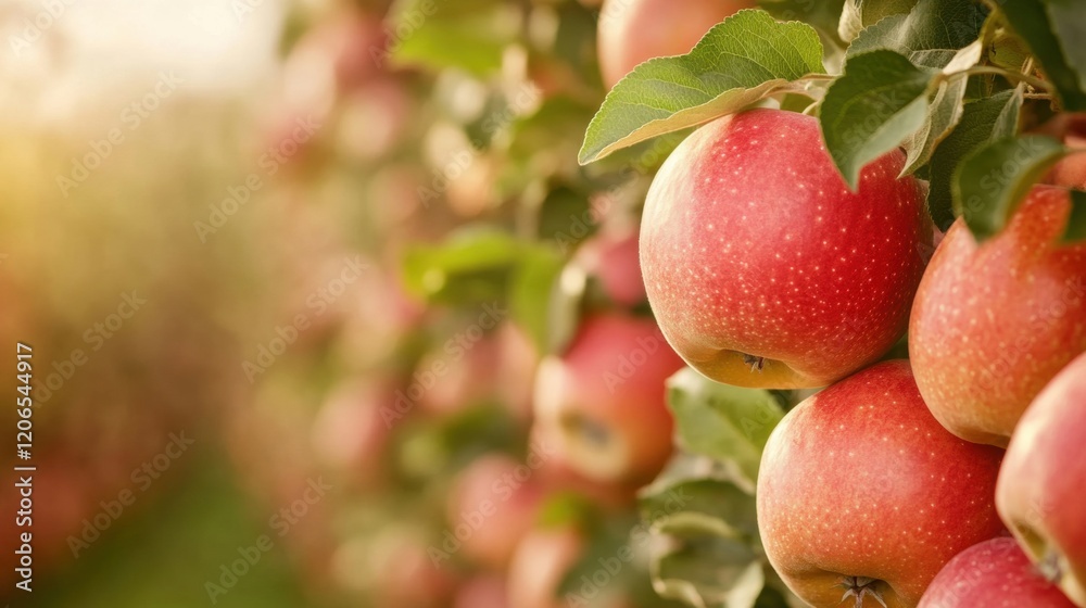 Bright red apples are plentiful on trees in a thriving orchard, basking in the warm light of the autumn evening Bright red apples are plentiful on trees in a thriving orchard, basking in the warm light of the autumn evening