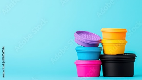 Colorful plastic cups arranged on a blue background creating a vibrant and playful composition photo