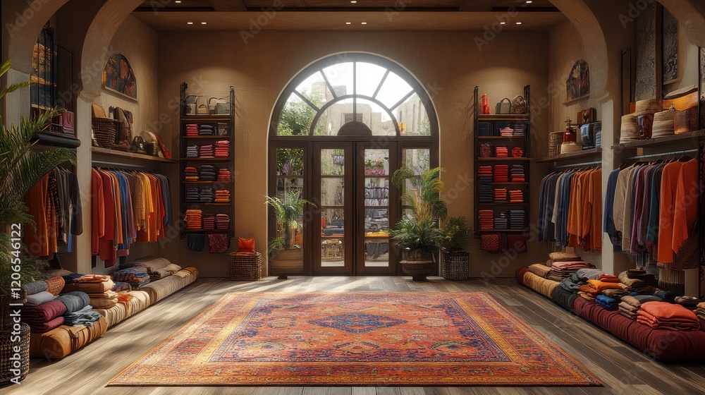 Obraz premium Sunlit Boutique Interior: A Warm and inviting retail space with rich textiles and earthy tones, showcasing an array of clothing and accessories