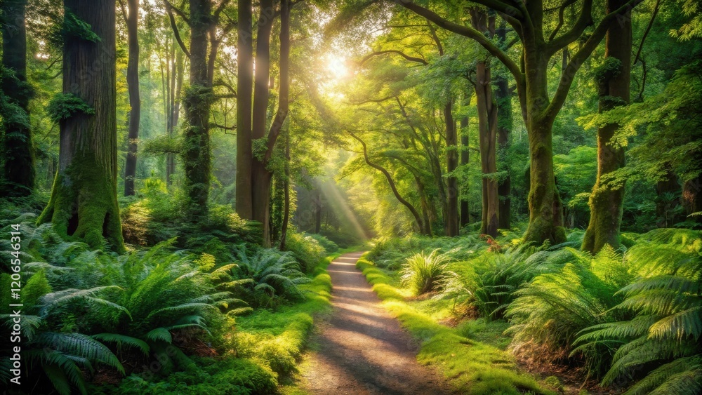 Fototapeta premium Sunlit Path Through a Lush, Verdant Forest with Mossy Trees and Ferns