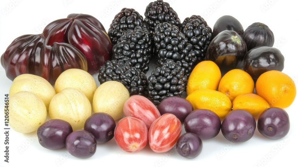 A vibrant display of assorted exotic fruits arranged artistically on a white background A vibrant display of assorted exotic fruits arranged artistically on a white background