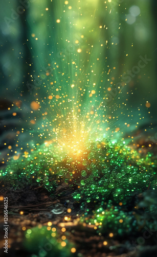 a green light shining from the ground