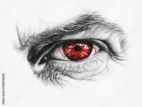 Angry red eye, close-up sketch, white background, graphic design