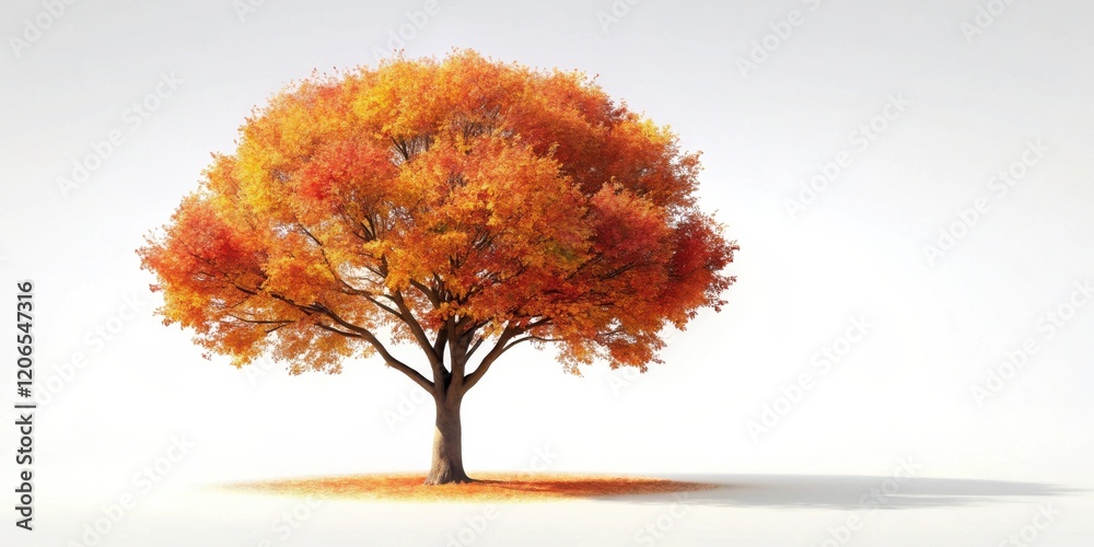 A solitary autumn tree with vibrant orange and red foliage, standing alone against a bright white background A solitary autumn tree with vibrant orange and red foliage, standing alone against a bright white background