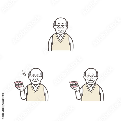 高齢男性と入れ歯のイラストセット
