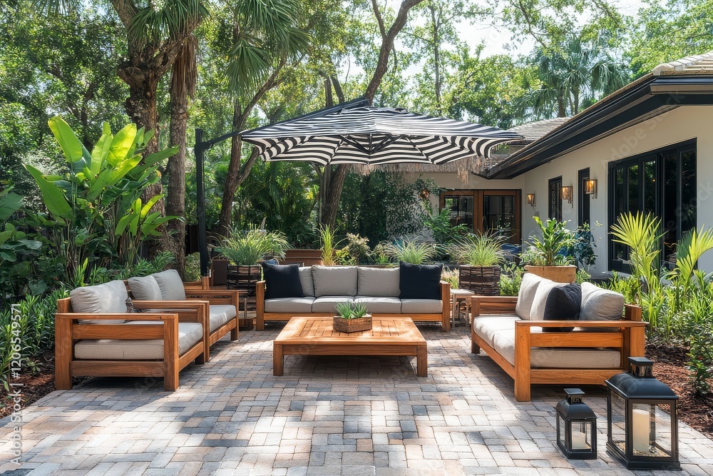 Fototapeta premium Beautiful Miami home with brick patio, black and white striped umbrella, wooden sofa and chairs, potted plants, and lanterns in Miami-style decor.