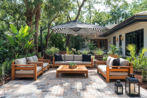 Beautiful Miami home with brick patio, black and white striped umbrella, wooden sofa and chairs, potted plants, and lanterns in Miami-style decor. photo