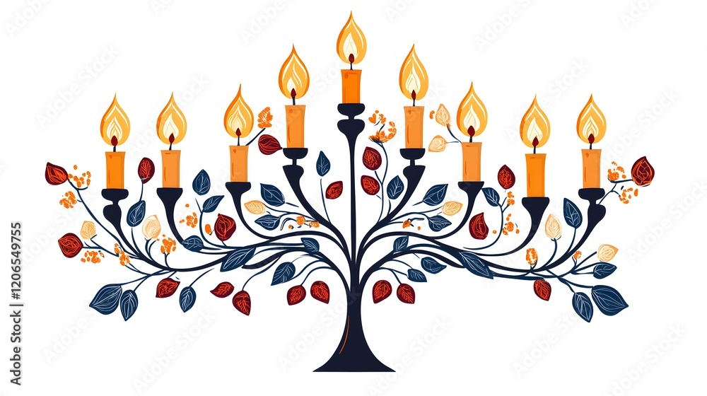Ornate menorah with candles and autumnal leaves Ornate menorah with candles and autumnal leaves