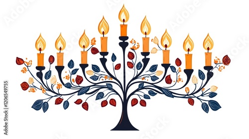 Ornate menorah with candles and autumnal leaves