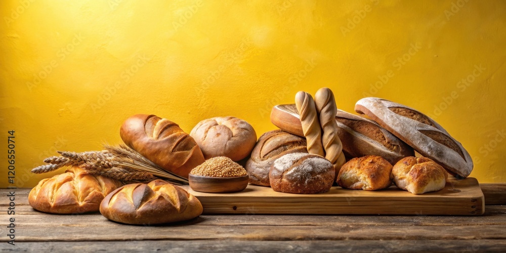 Fototapeta premium A rustic arrangement of freshly baked artisan bread loaves and rolls, accompanied by a bowl of grains, rests on a wooden board against a vibrant yellow backdrop.