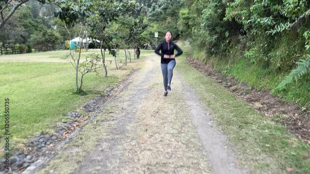Young Latina woman with her hair up jogs raising her knees and touching her thighs with her hands on a rural trail in the daytime Young Latina woman with her hair up jogs raising her knees and touching her thighs with her hands on a rural trail in the daytime
