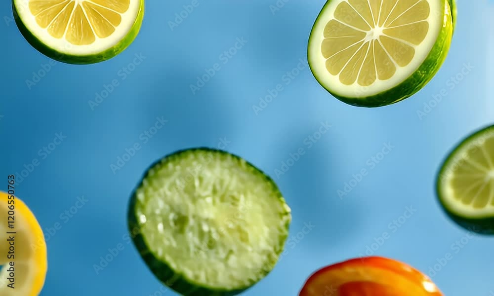 Fresh vegetable slices levitate against a blue backdrop; healthy eating concept Fresh vegetable slices levitate against a blue backdrop; healthy eating concept