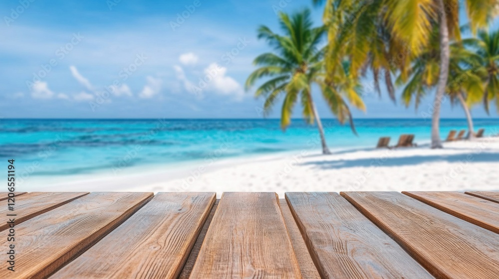 A wooden table overlooks a stunning tropical beach with palm trees and clear turquoise water, creating a tranquil and inviting atmosphere
