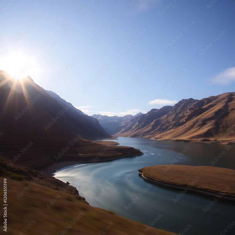 Fototapeta premium Sunlit mountain lake and valley.