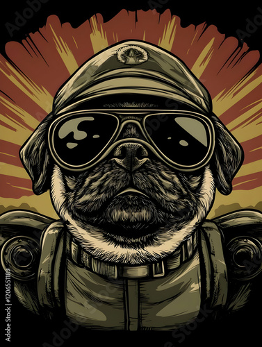 A stylized illustration of a dog in military attire with sunglasses, exuding a cool vibe. photo