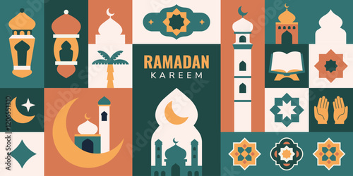 Modern flat islamic background , greetings card, banner. Ramadan kareem islamic holidays in geometric style.
