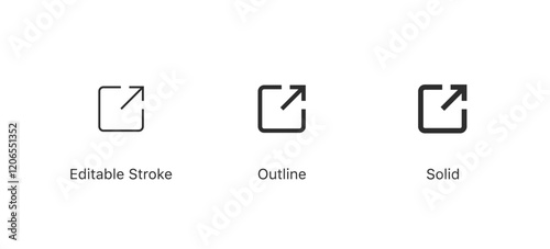 export, share icon arrow symbol, external link icon open in new window or tab symbol. links sharing icons in editable stroke, outline, and solid styles