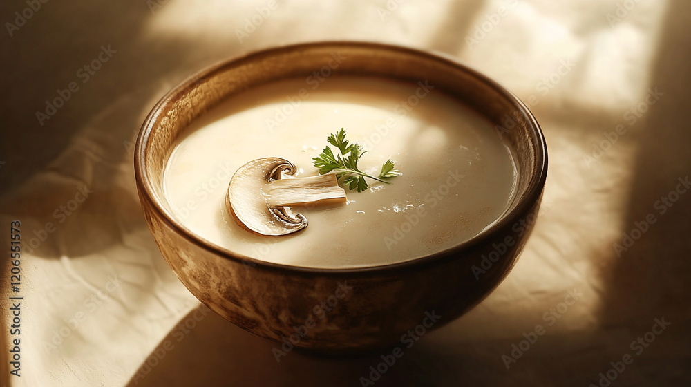 A creamy mushroom soup is elegantly served in a bowl. A creamy mushroom soup is elegantly served in a bowl.