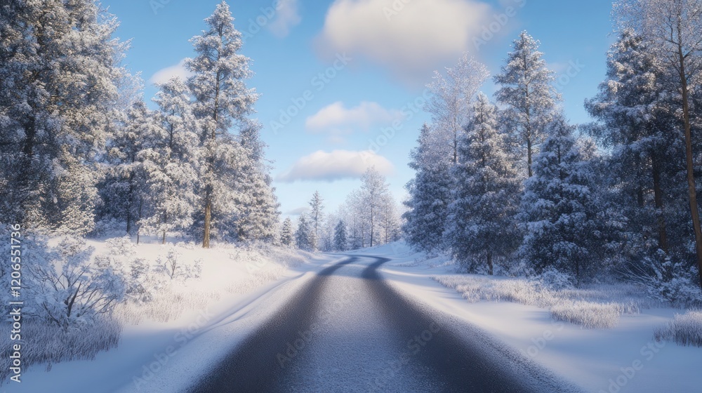 Snowy Road Through Winter Forest Snowy Road Through Winter Forest